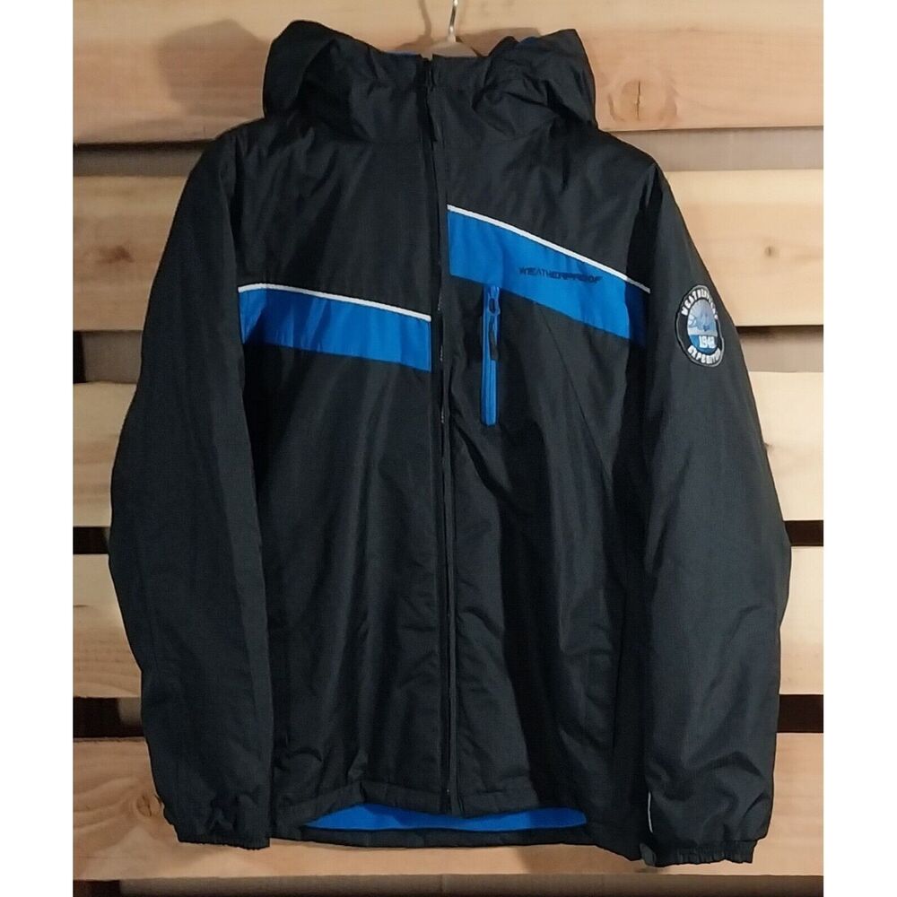 Weatherproof Parka Boys S 8 Black Blue Double Zip Fleece Lined Hood Coat Jacket